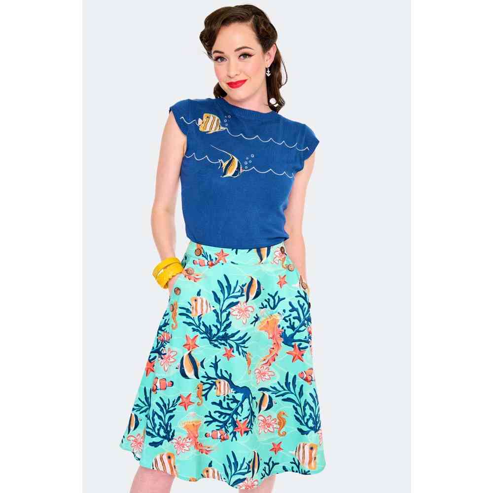 Voodoo Vixen - Coral Reef Print Flare Skirt - Blue